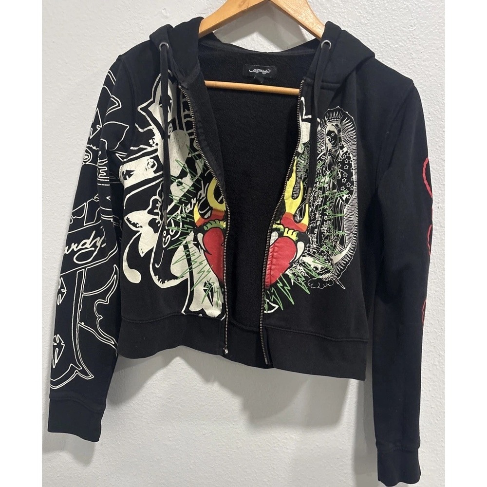 Ed Hardy Sacred Heart Cropped Zip Up Hoodie Size JR L Y2K BROKEN ZIPPER READ